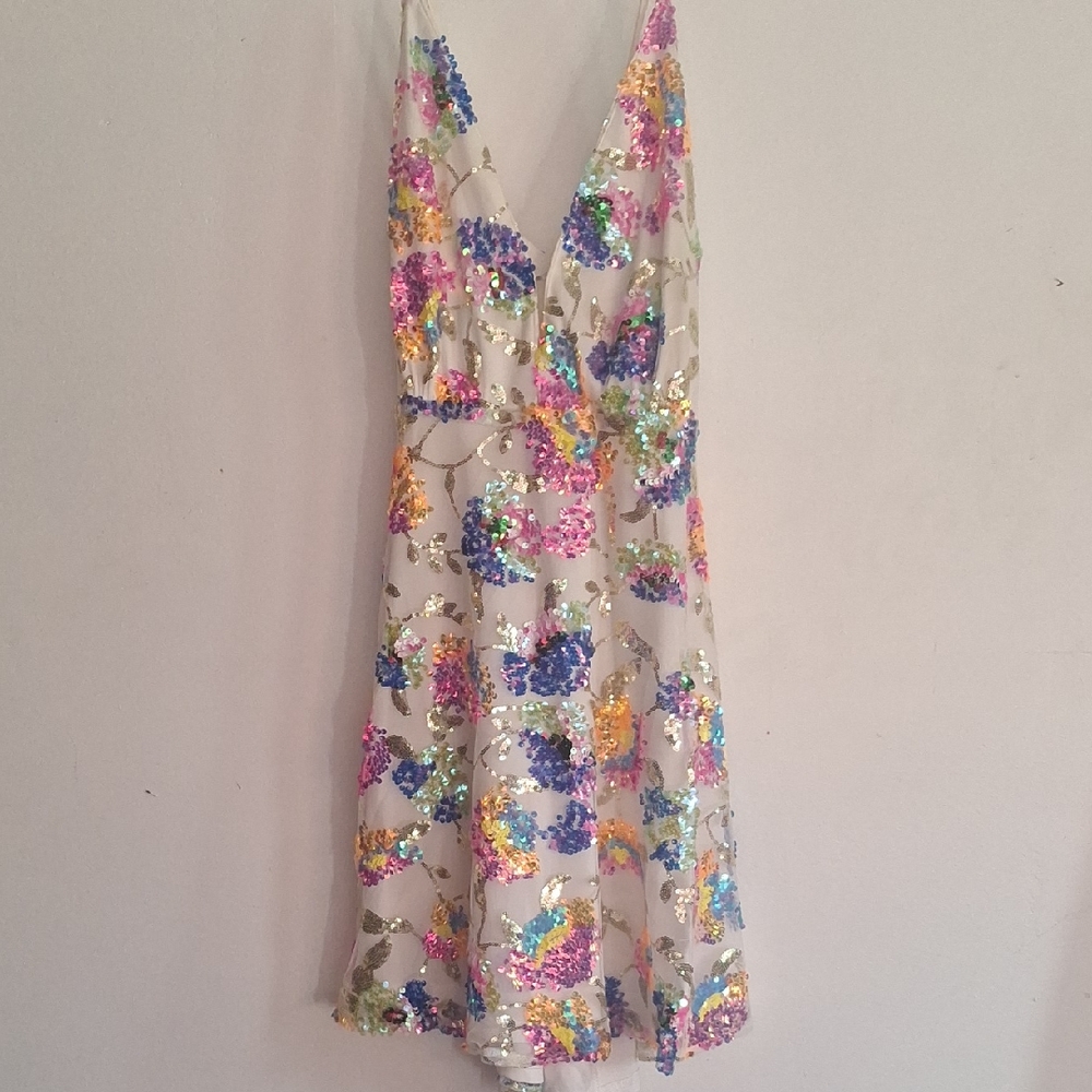 Neon Multi-Color Sequin Floral Mini Dress
